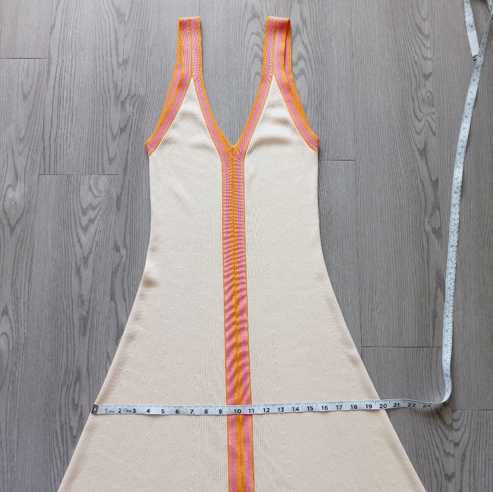 Sandro Piana V Neck Ribbed Midi Dress Ecru Orange Boarder Stripe 42 - Picture 14 of 16